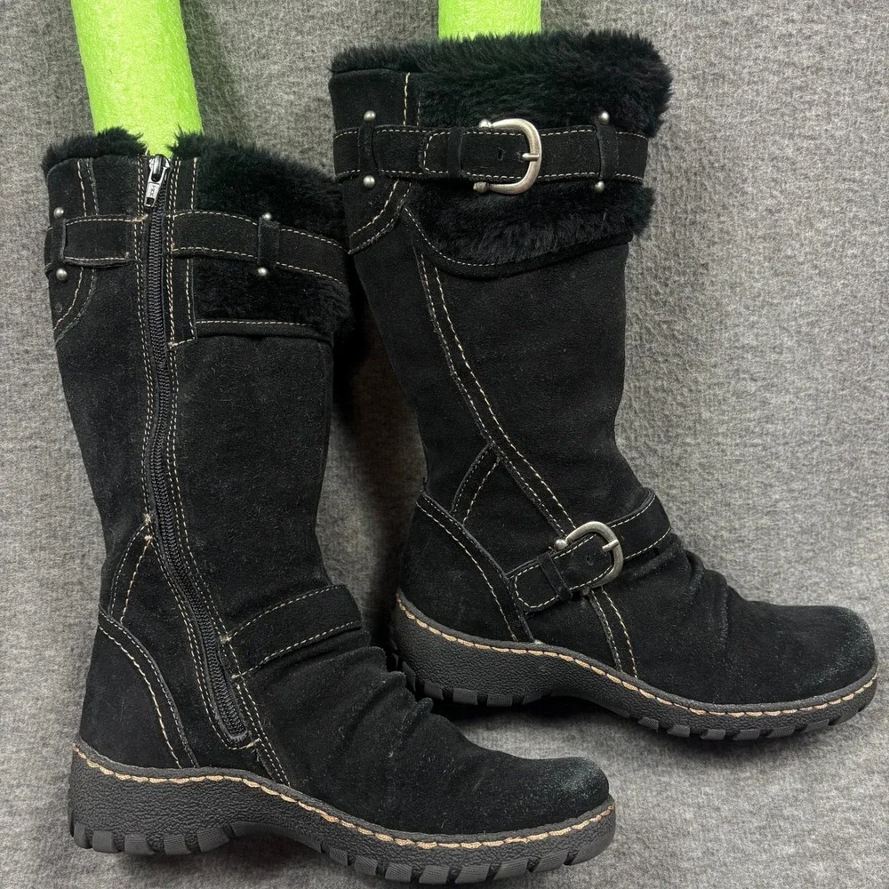 BareTraps Bakan Women 8M Black Suede‎ Faux Fur Lined Mid Calf Boots Cozycore
